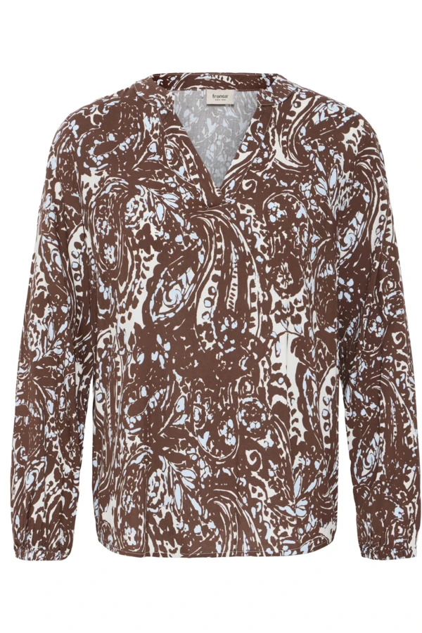 Fransa Μπλούζα με μακρύ μανίκι και V λαιμόκοψη Ethnic Stencil Raindrum Blue / Brown - φωτογραφία 6