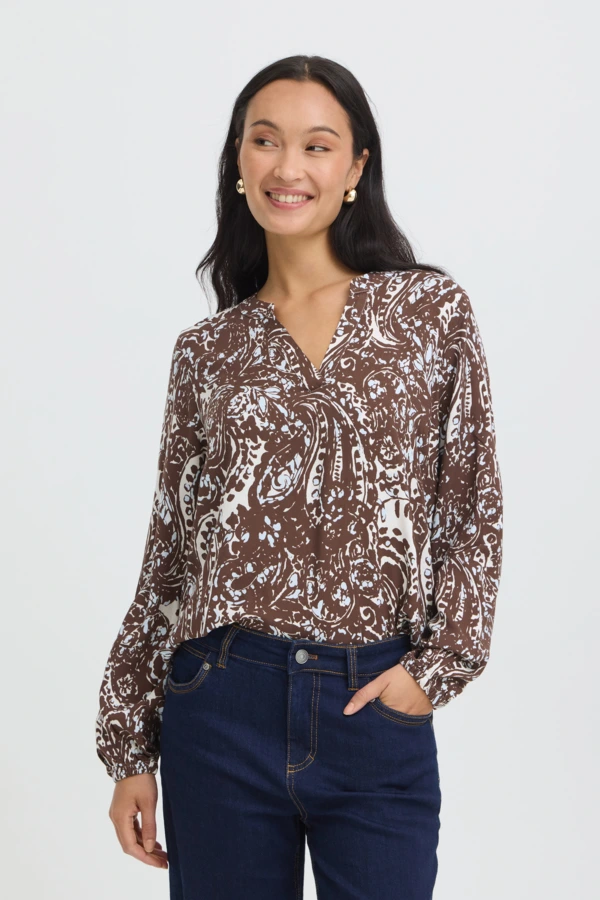 Fransa Μπλούζα με μακρύ μανίκι και V λαιμόκοψη Ethnic Stencil Raindrum Blue / Brown - φωτογραφία 1