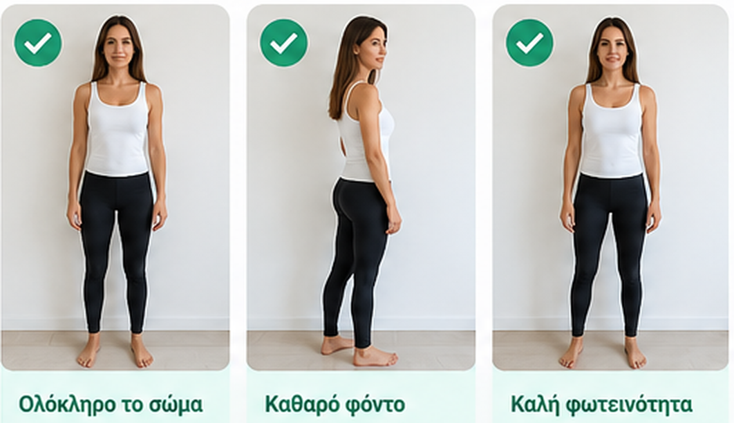 Παραδείγματα φωτογραφίας γυναίκας ολόσωμης, μπροστά και στο πλάι, σε ουδέτερο φόντο